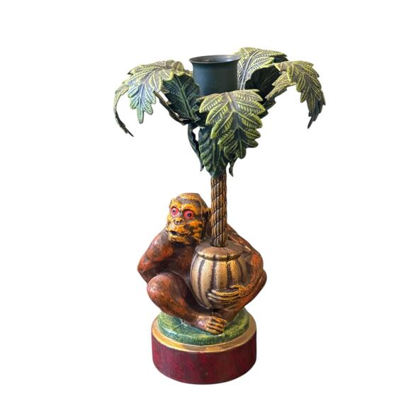 Vintage Metal Petites Choses Tropical Monkey Palm Tree Candle Holder Candlestick - Picture 1 of 6